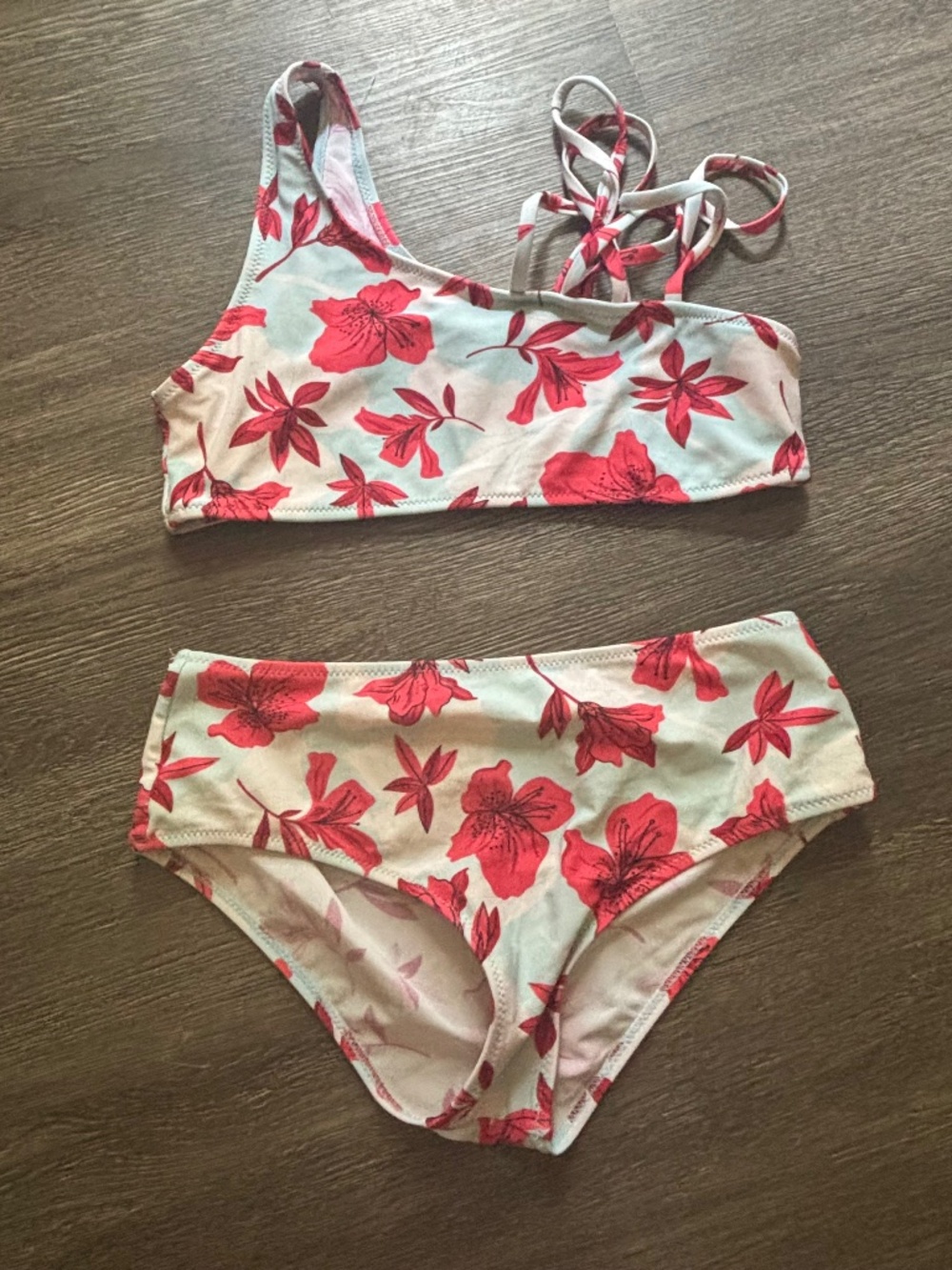 Blue red floral bikini asymmetrical shoulder beach tropical beachy swimsuit